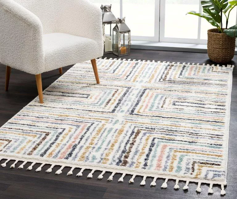 Real Living Geneva White & Multicolor Stripe Rectangle Shag Area Rug 4 Real Living Geneva White & Multicolor Stripe Rectangle Shag Area Rug - Image 4