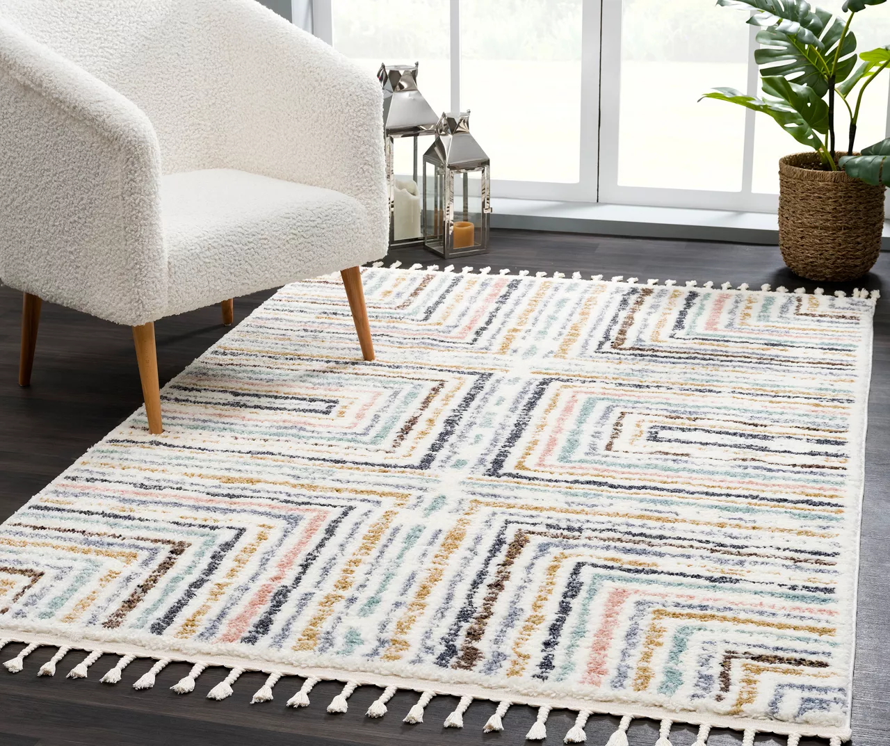Real Living Geneva White & Multicolor Stripe Rectangle Shag Area Rug 5 Real Living Geneva White & Multicolor Stripe Rectangle Shag Area Rug - Image 5