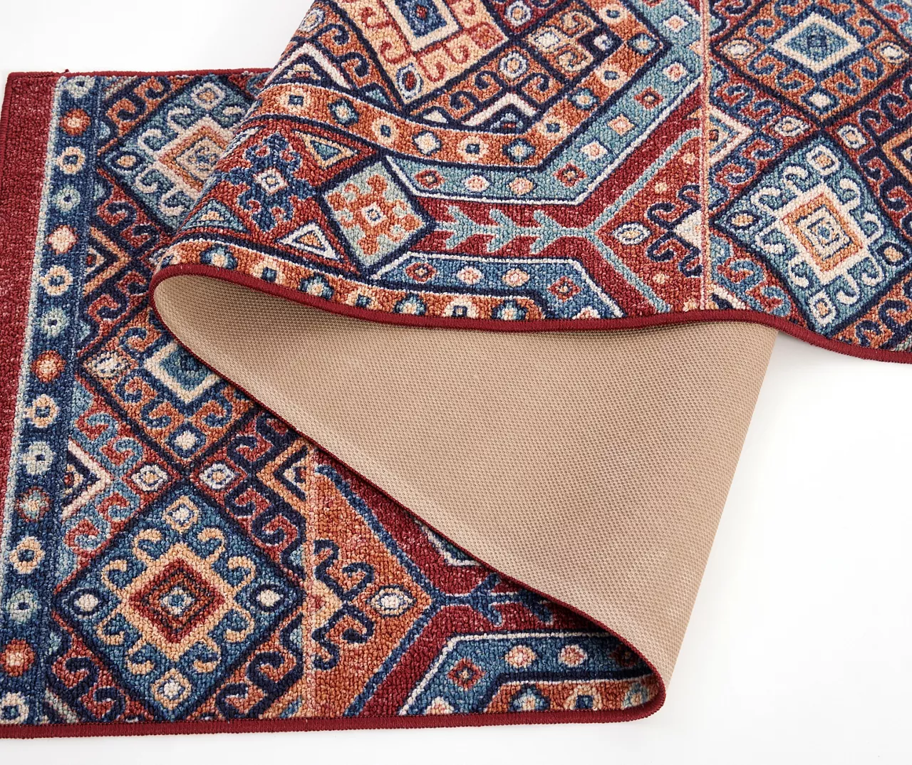 Red & Blue Geometric Persian Runner Rug, (2' X 6') 3 Red & Blue Geometric Persian Runner Rug, (2' X 6') - Image 3